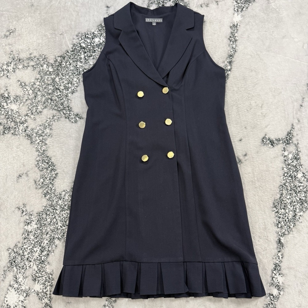 Sharagano Double Breasted Sleeveless Blazer Dress 14 Navy Gold‎ Button Pleated